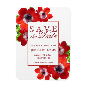Romantic Red Anemone Floral Birthday Save The Date Magnet