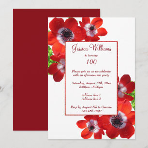 Romantic Red Anemones Floral 100th Birthday Invitation