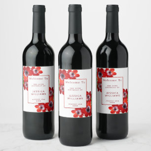 Romantic Red Anemones Floral 25th Birthday Wine Label
