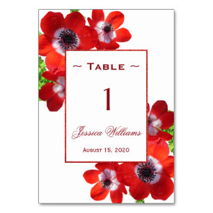 Romantic Red Anemones Floral Birthday Table Number