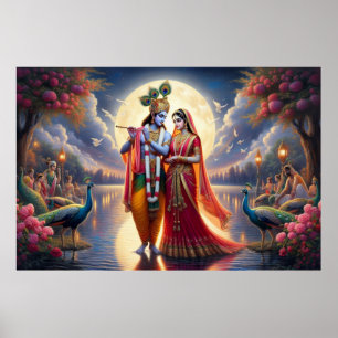 Romantic Red Artwork Radha Krishna Eternal Love Poster