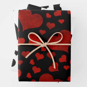 Romantic Red, Black, and White Heart Pattern Wrapping Paper Sheet
