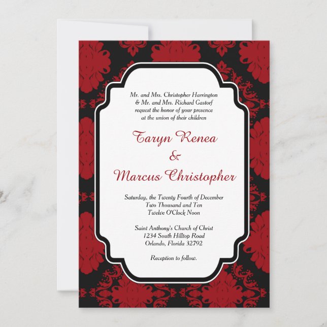 Romantic Red Black Damask 5x7 Wedding Invitation (Front)