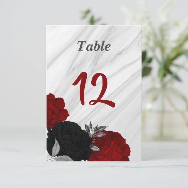 Romantic red & black floral table number (Standing Front)
