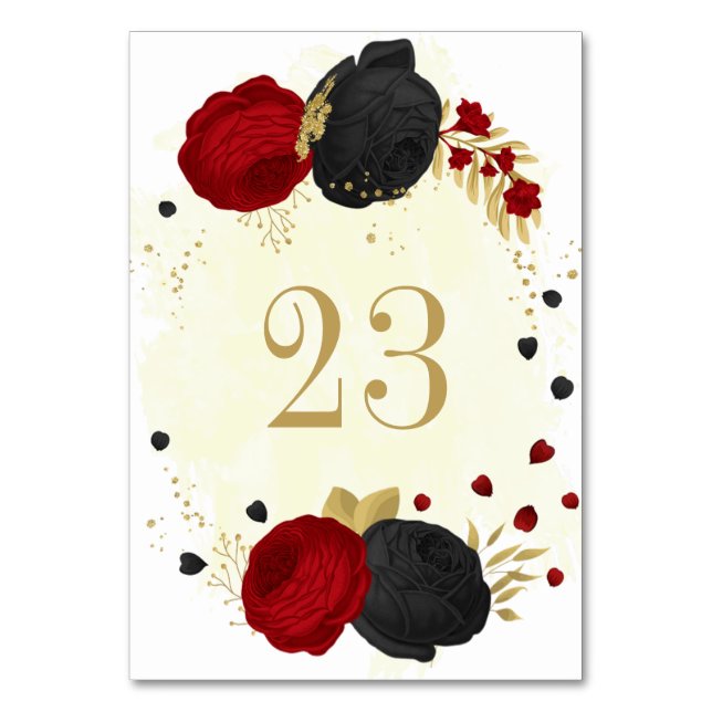 Romantic red & black flowers gold wedding  table number (Front)