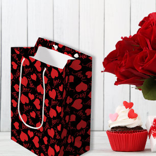 Romantic Red & Black Heart Patterns Medium Gift Bag