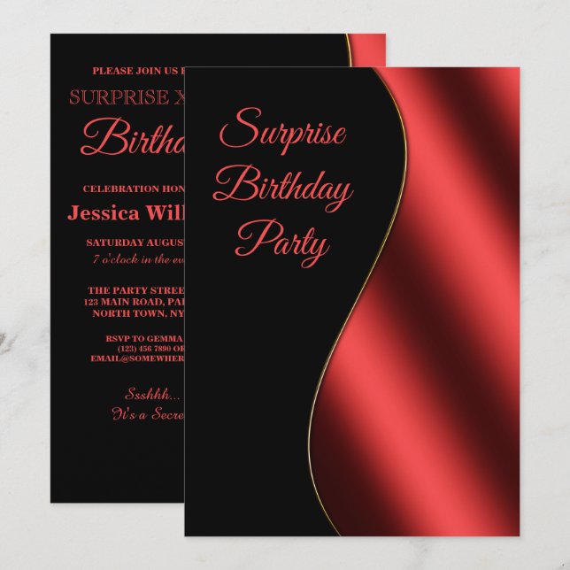 Romantic Red & Black Wave Surprise Birthday Invitation (Front/Back)