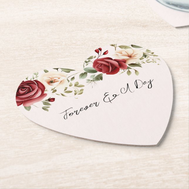 Romantic Red Blush Pink Roses Wedding Paper Coaster (Angled)