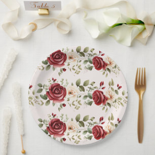 Romantic Red Blush Pink Roses Wedding  Paper Plate