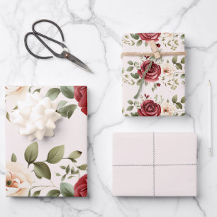 Romantic Red Blush Pink Roses Wedding Wrapping Paper Sheet