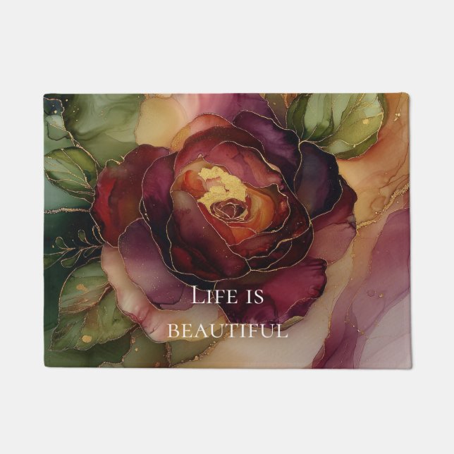 Romantic Red Burgundy Rose Gold Floral  Doormat (Front)