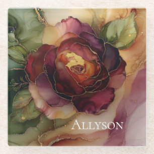 Romantic Red Burgundy Rose Gold Floral  Glass Coaster