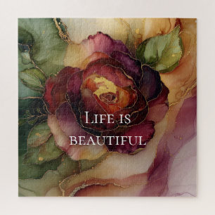 Romantic Red Burgundy Rose Gold Floral Jigsaw Puzzle
