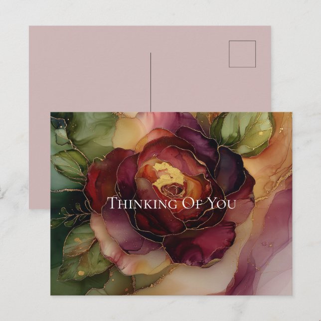 Romantic Red Burgundy Rose Gold Floral  Postcard (Front/Back)