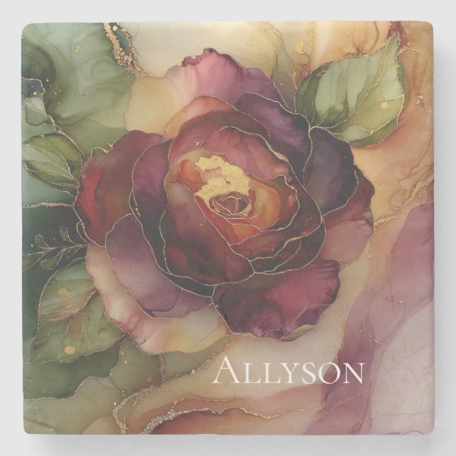 Romantic Red Burgundy Rose Gold Floral  Stone Coaster (Front)
