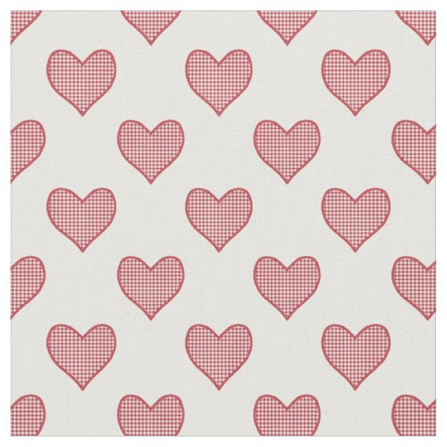 Romantic Red Check Gingham Hearts Custom Fabric (Close Up)