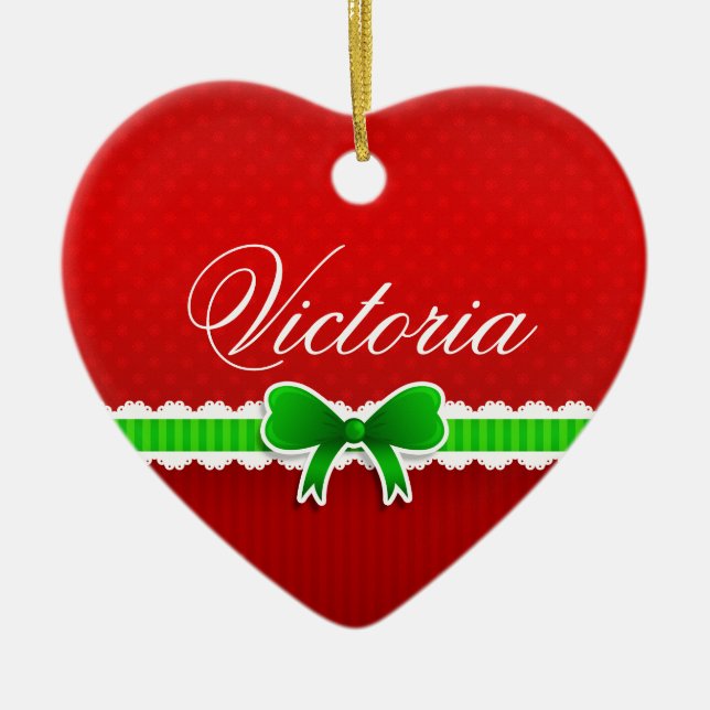 Romantic Red Christmas Design Cute Bow Custom Name Ceramic Tree Decoration (Front)