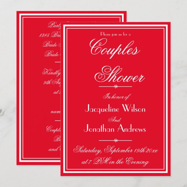 Romantic Red Couples Shower Custom Name Email RSVP Invitation (Front/Back)