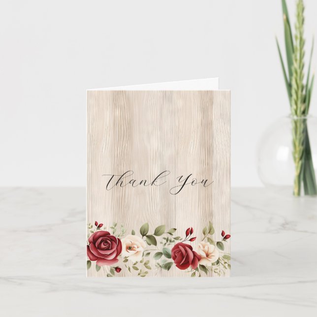 Romantic Red Cream Roses Faux Wood Thank You (Front)