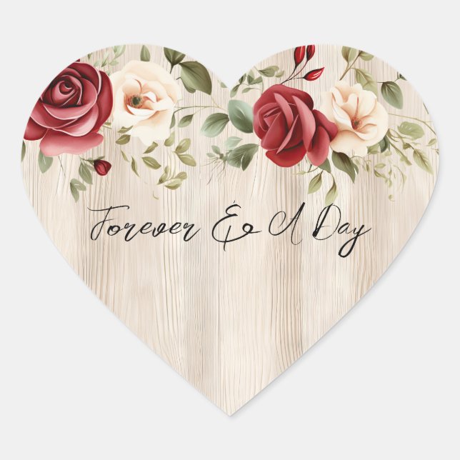 Romantic Red Cream Roses Faux Wood Wedding Heart Sticker (Front)