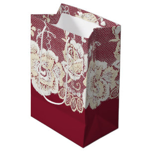Romantic Red Cream White Lace Floral Wedding Medium Gift Bag