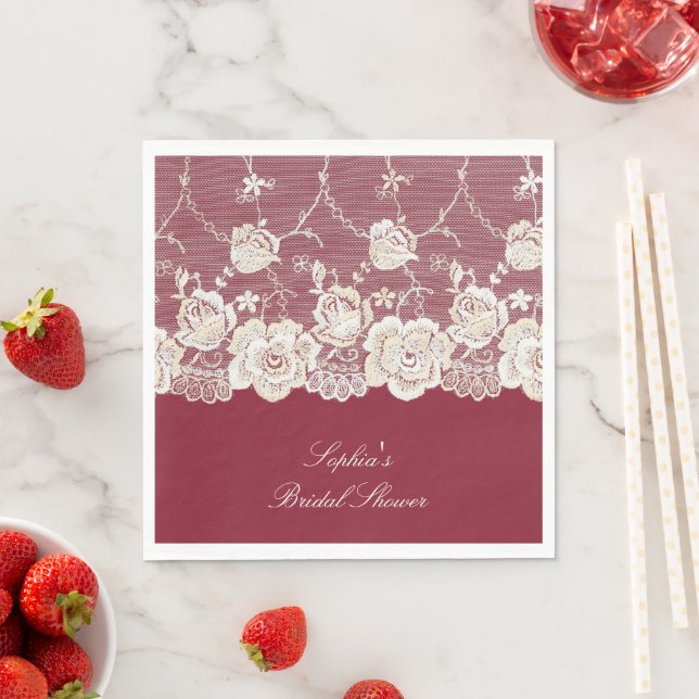 Romantic Red Cream White Lace Floral Wedding Napkin (Insitu)