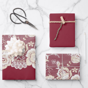 Romantic Red Cream White Lace Floral Wedding Wrapping Paper Sheet