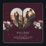 Romantic Red Custom Heart shape couples photo gift Square Wall Clock<br><div class="desc">Minimalist Simple Modern Burgendy Red custom personalised heart Shaped 2 photo collage Design with beautiful heart dropping background theme printable artwork, DESIGN TIPS: Customise further to alter text size or font. To order without text, you can also delete the text and the Love Message >>>>> Same theme designs link here:...</div>