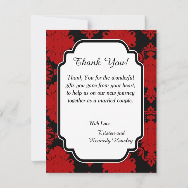 Romantic Red Damask 4x5 Flat Wedding Thank You (Front)