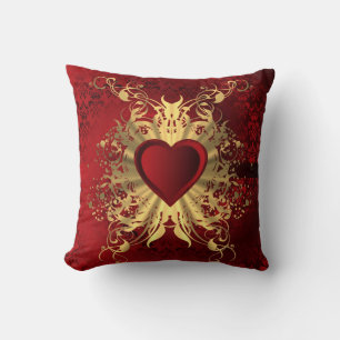 Romantic red damask and valentines heart cushion
