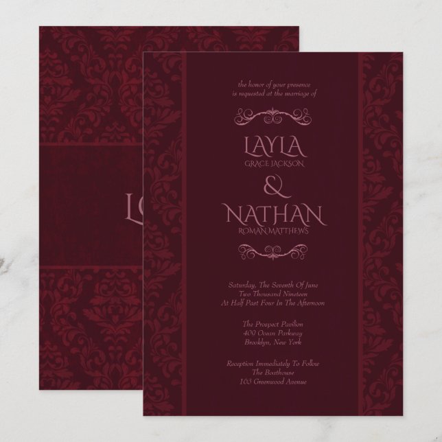 Romantic Red Damask Wedding Invitations (Front/Back)