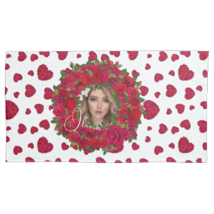 Romantic Red Dark Pink Roses Photo Border Pillowcase