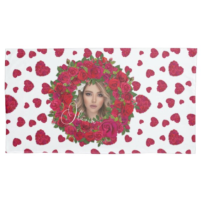 Romantic Red Dark Pink Roses Photo Border Pillowcase (Front-Left)