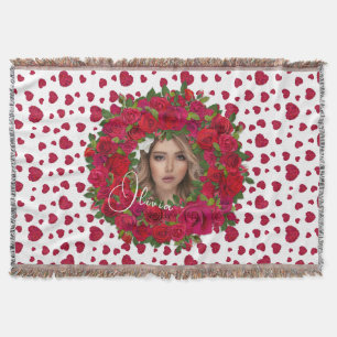Romantic Red Dark Pink Roses Photo Border Throw Blanket