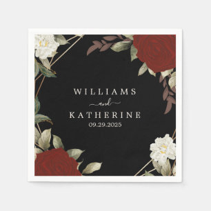 Romantic red Deep rose Floral Winter black wedding Napkin