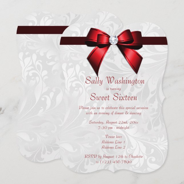 Romantic Red Diamond Bow & Damask Sweet 16 Invitation (Front/Back)
