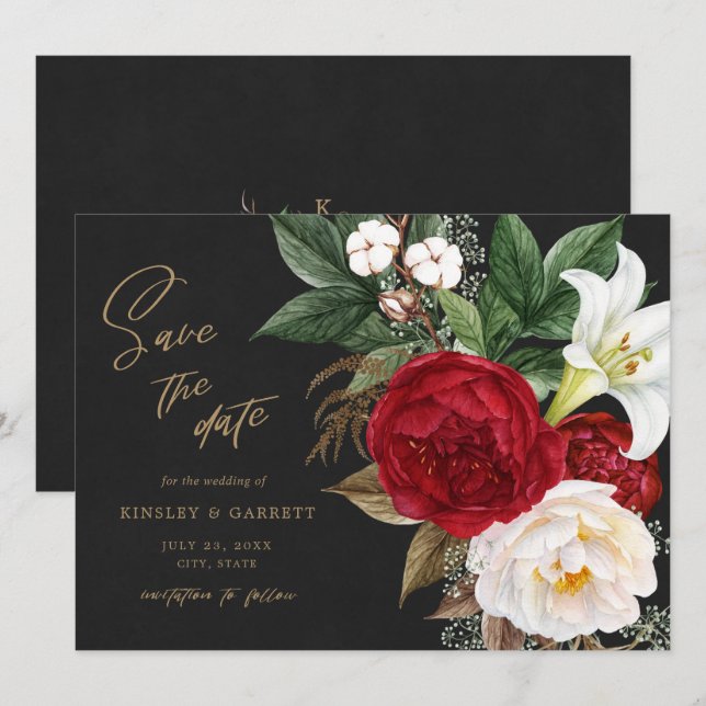 Romantic Red Floral Bouquet Black & Gold Wedding S Save The Date (Front/Back)