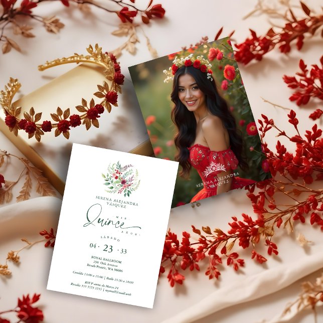 Romantic Red Floral Floral Boho Quinceañera Invitation (Spanish Romantic Red Floral Floral Boho Quinceañera Invitations Cards with Back Photo & Tiara.)
