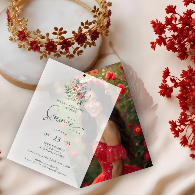 Romantic Red Floral Floral Boho Quinceañera Vellum Invitations (Romantic Red Floral Floral Boho Quinceañera Overlay Vellum Paper for Quinceañera Celebration Invites)