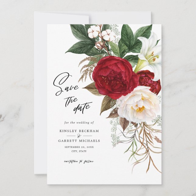 Romantic Red Floral Monogram Wedding Save The Date Invitation (Front)