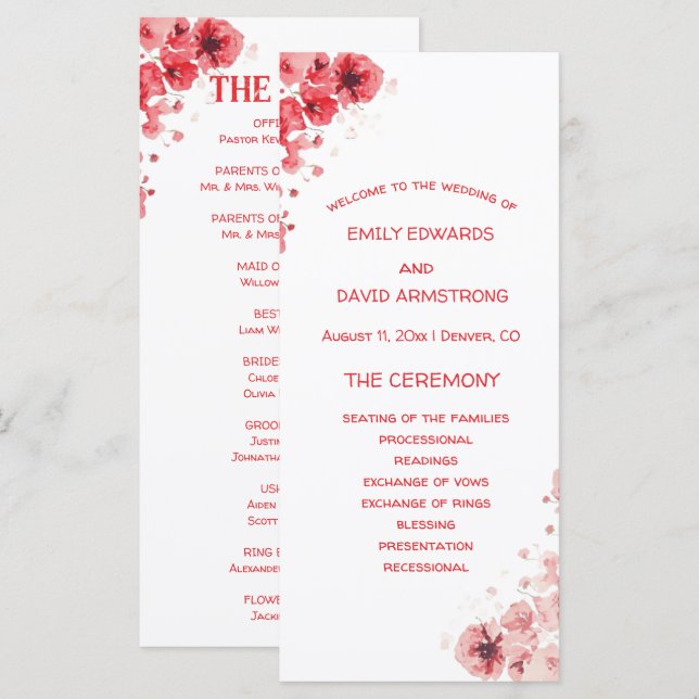 Romantic Red Floral Wedding Program (Front/Back)