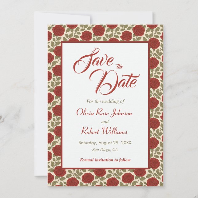 Romantic Red Floral Wedding Save the Date (Front)