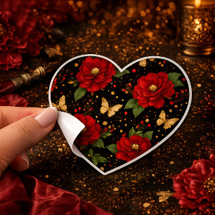 Romantic Red Flower Sticker Gold Butterfly Pattern