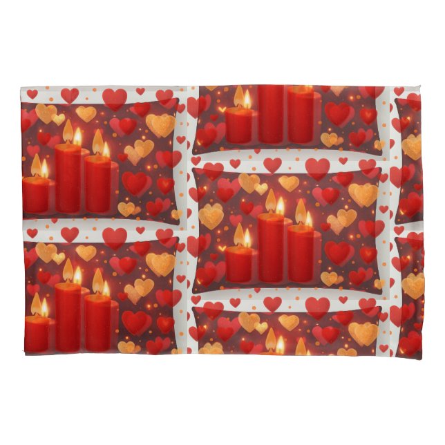 "Romantic Red & Gold Candlelight with Hearts – Sea Pillowcase (Front)