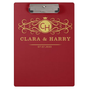 Romantic red gold elegant monogramme wedding clipboard