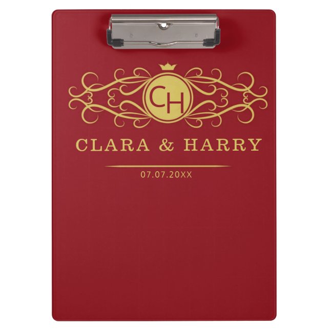 Romantic red gold elegant monogramme wedding  clipboard (Front)