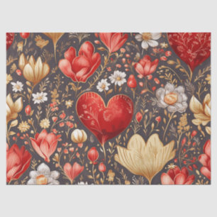 Romantic Red & Gold Floral & Hearts Decoupage Tissue Paper
