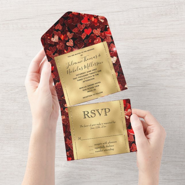 Romantic Red Gold Glitzy Hearts Wedding All In One Invitation (Tearaway)