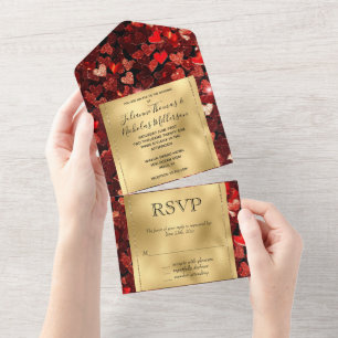 Romantic Red Gold Glitzy Hearts Wedding All In One Invitation