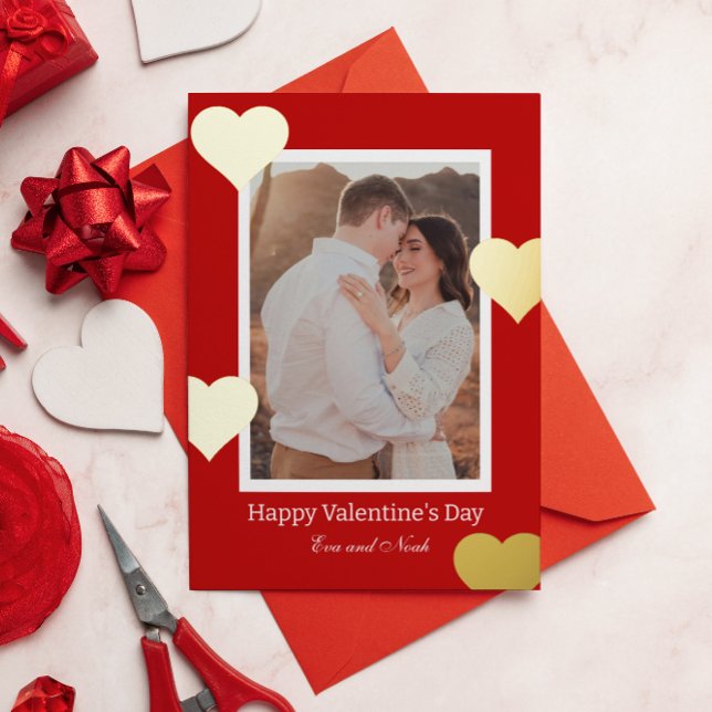 Romantic Red Gold Heart Photo Valentine Foil Holiday Card (Creator Uploaded)